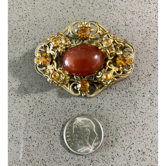 Vintage Victorian Revival Filigree Pin Brooch with Prong Set Amber Stones - Picture 2 of 3